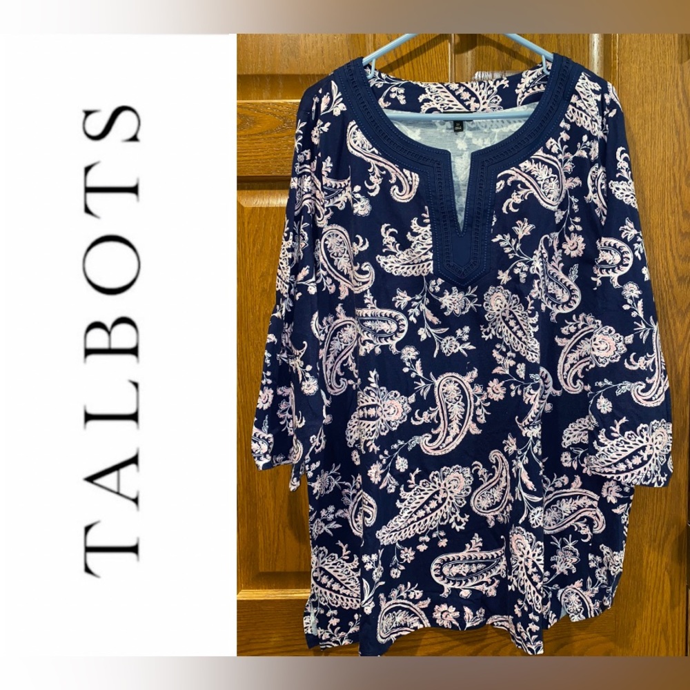 EUC Talbots Woman 2X Paisley Split Neck Tunic Pullover Top